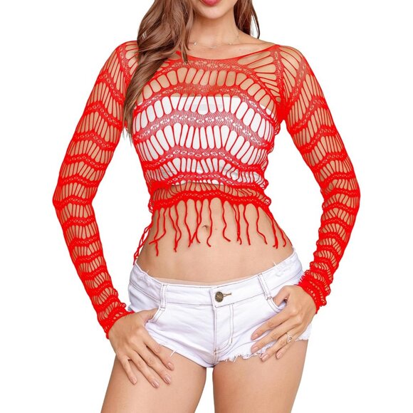 🆕 Women Red Fishnet Crop Top Babydoll Chemise Lingerie Tassels Stretchy Nylon - Picture 1 of 6